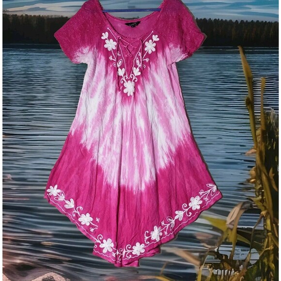 Riviera Sun Pink Tie Dye Midi Dress Size L Beachy Boho Fairy Vacation Loungewear - Picture 1 of 13